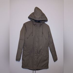 Womens American Eagle Parka With Hood Tan Faux Fur Quilted Lined Size XXS